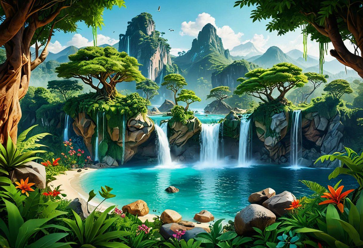 A visually stunning representation of a modern web browser interface merged with elements of nature, showcasing vibrant colors and floating islands of digital content surrounded by lush greenery and waterfalls. Include abstract icons representing bookmarks and tabs seamlessly integrated into the landscape. The scene should evoke a sense of tranquility and exploration, inviting viewers to immerse themselves in the online experience. super-realistic. vibrant colors. 3D.