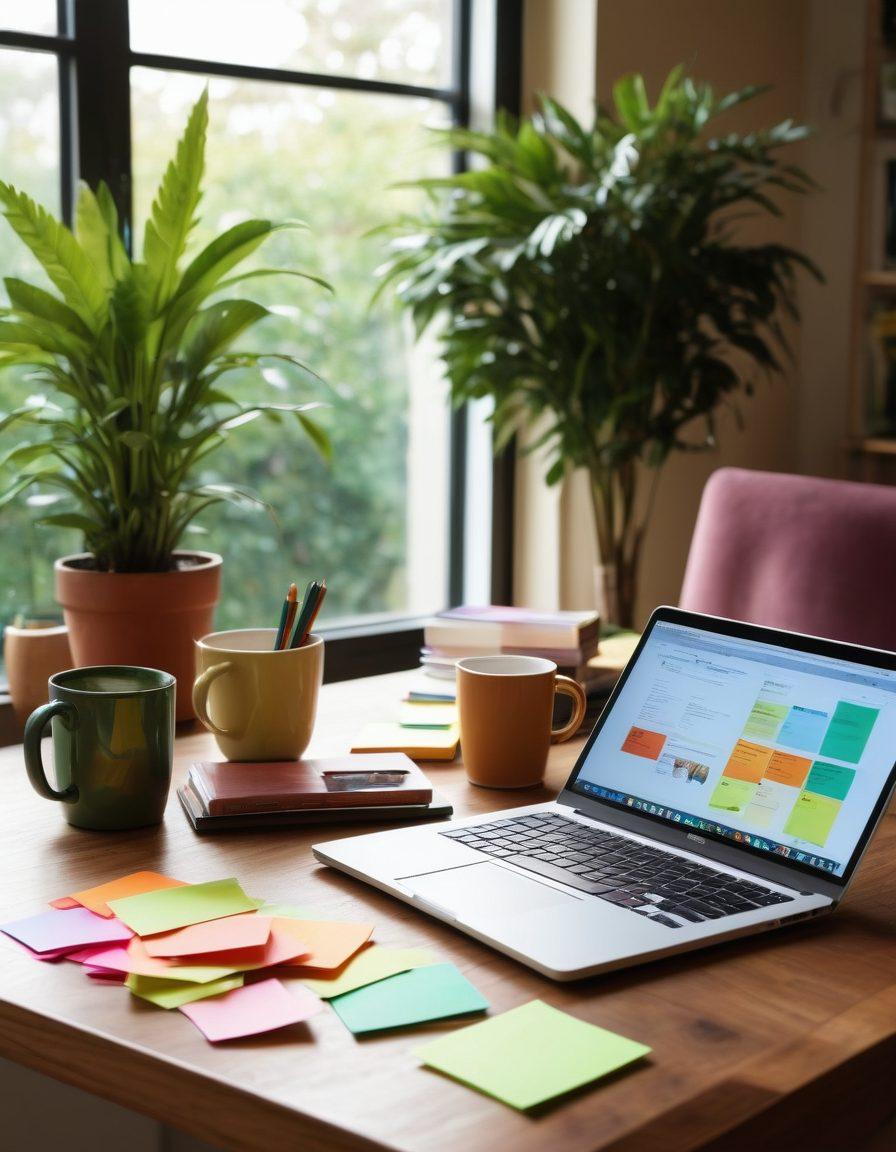 A cozy and modern workspace with a stylish desk featuring a laptop, colorful post-it notes, and a steaming cup of coffee. A warm light illuminating the space adds to the inviting atmosphere. In the background, there's a lush green plant and a bookshelf filled with beautifully designed books. The overall vibe should convey comfort and creativity, inviting the reader to immerse themselves in their browsing experience. super-realistic. vibrant colors. warm tones.