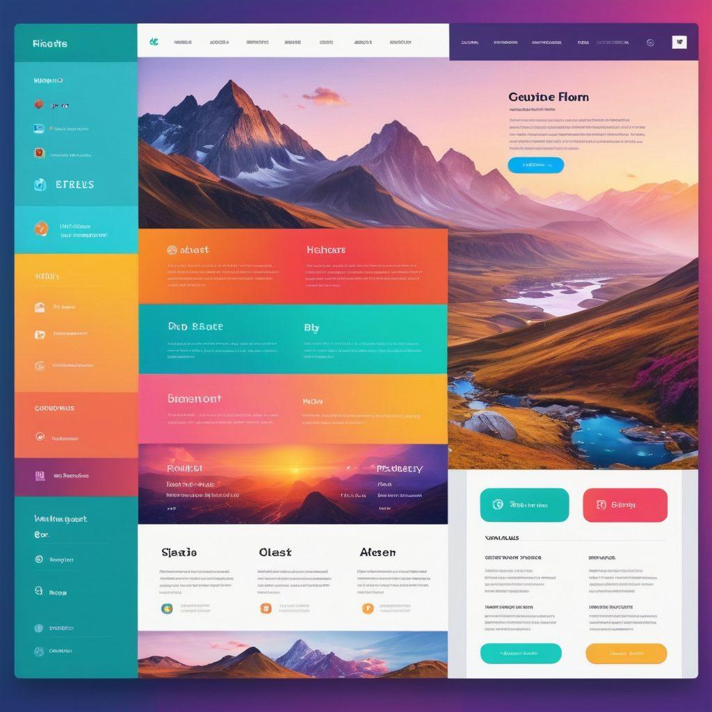 A visually striking web design interface showcasing a delicate balance between aesthetic elements and user experience. Include colorful, intuitive navigation icons that suggest easy usability, layered on a subtle abstract background representing the digital landscape. Highlight interactions between users and the elements to depict engagement and flow. Emphasize modern typography and harmonious colors that evoke creativity and functionality. super-realistic. vibrant colors. dynamic composition.